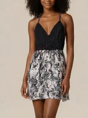 Black Crochet Bodice Mini Dress with Snake-Print Skirt Medium Beachwear Cover up